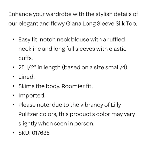 BNWT Lilly Pulitzer Giana Long Sleeve Silk Top M - Picture 6 of 8